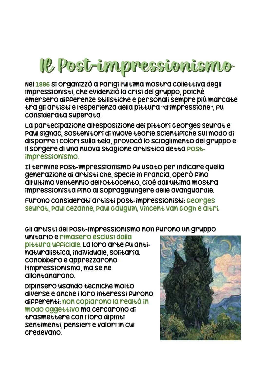 # Il Post-impressionismo

Nel 1886 si organizzò a Parigi l'ultima mostra collettiva degli
impressionisti, che evidenziò la crisi del gruppo,