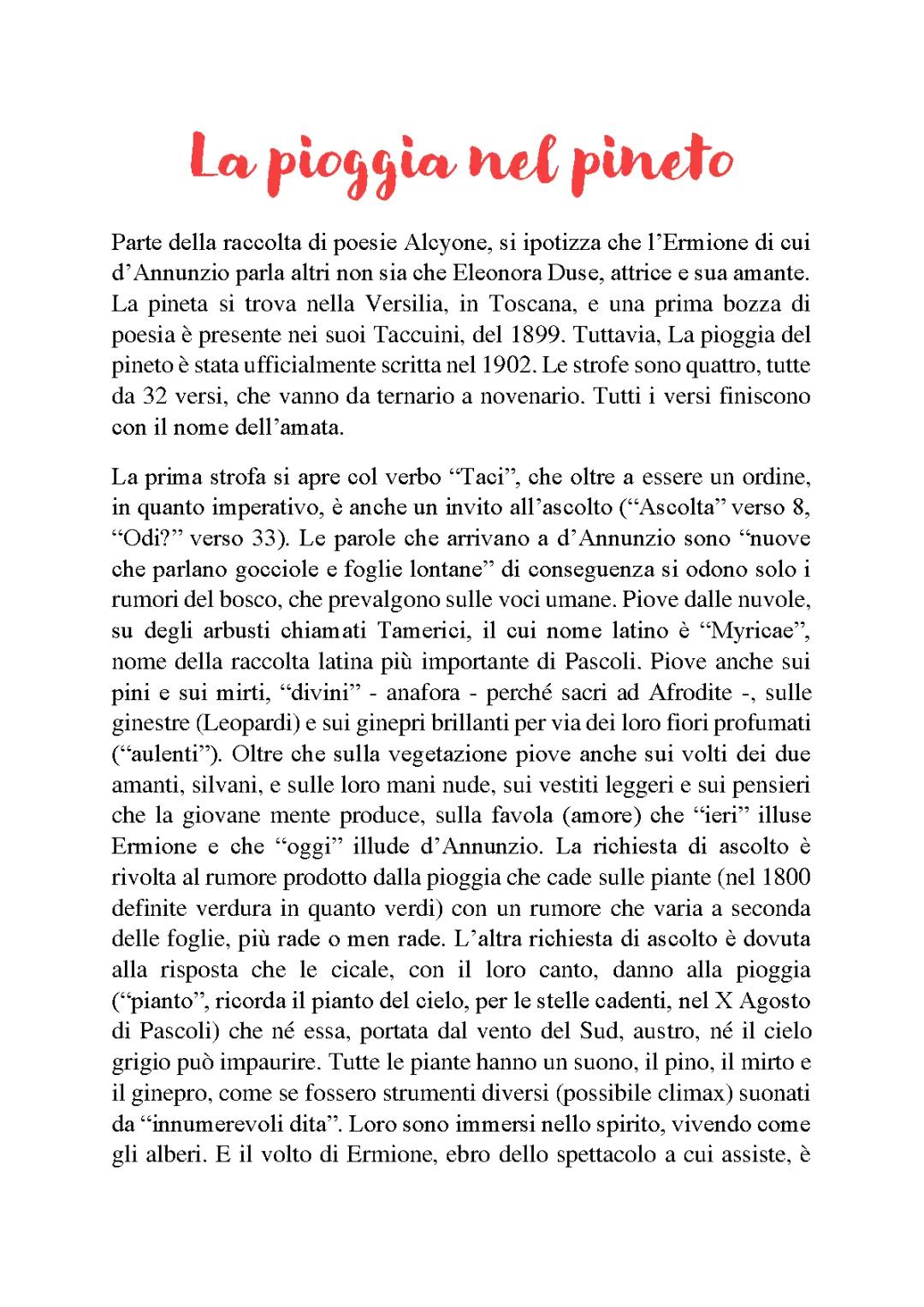 La Pioggia nel Pineto: Testo e Parafrasi per Bambini