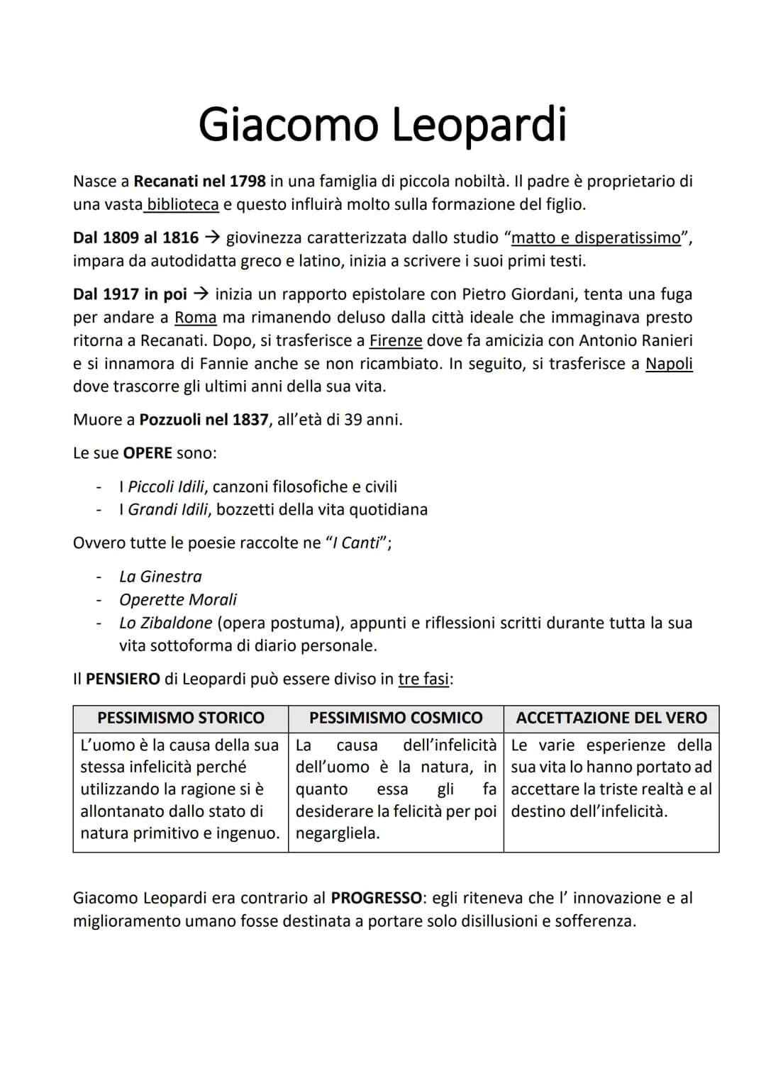Leopardi (vita e opere) - SINTESI MATURITÀ 