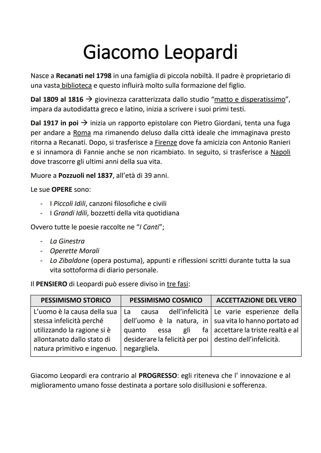 Giacomo Leopardi
Nasce a Recanati nel 1798 in una famiglia di piccola nobiltà. Il padre è proprietario di
una vasta biblioteca e questo infl