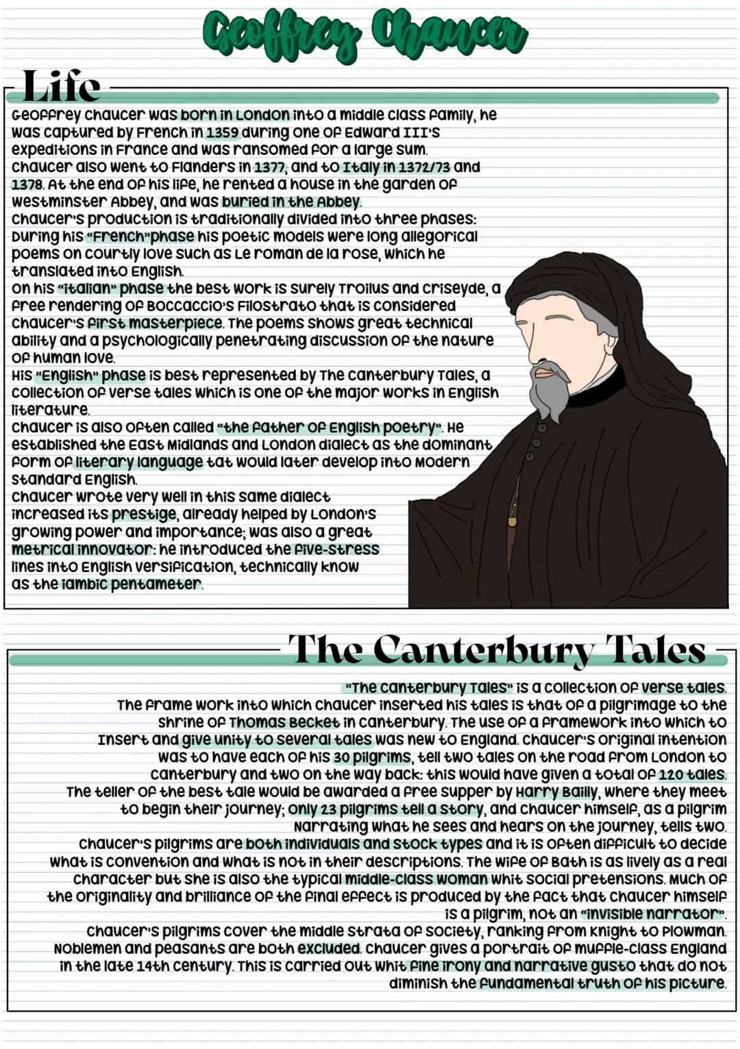 
<p>Geoffrey Chaucer was born around 1343 in London, the son of a rich, middle class family. During his lifetime, he was captured by the Fre