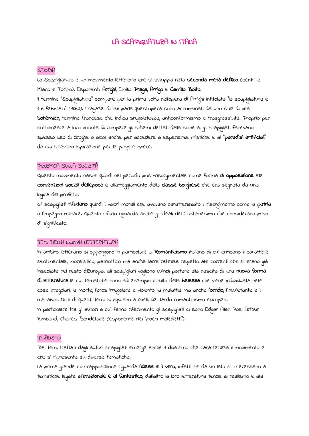 LA SCAPIGLIATURA IN ITALIA
STORIA
La Scapigliatura è un movimento letterario che si sviluppa nella seconda metà dell'800 (centri a
Milano e 