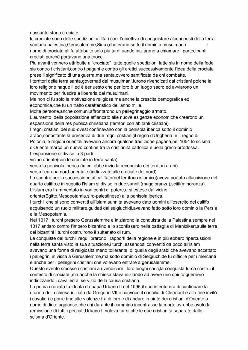 riassunto storia crociate
le crociate sono delle spedizioni militari con l'obiettivo di conquistare alcuni posti della terra
santa (la pales