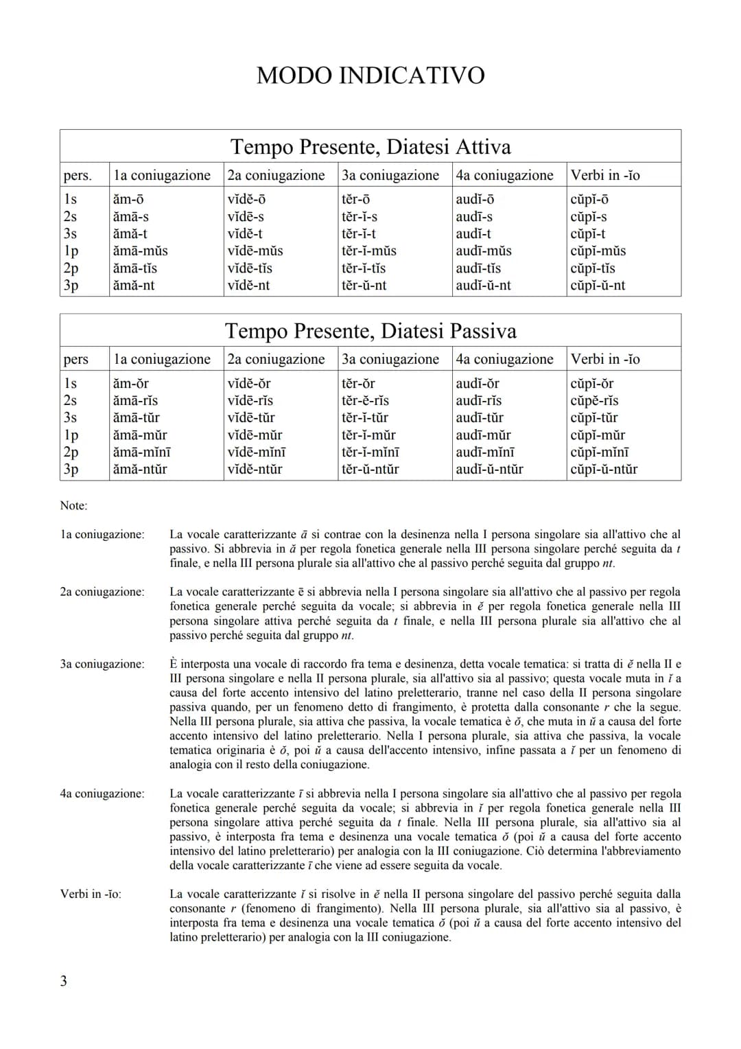 1
PROSPETTO DEI TEMPI VERBALI IN LATINO
CON NOTE DI GRAMMATICA STORICA
(VERBI REGOLARI ATTIVI E PASSIVI) Sistema dell'Infectum: Presente, Im