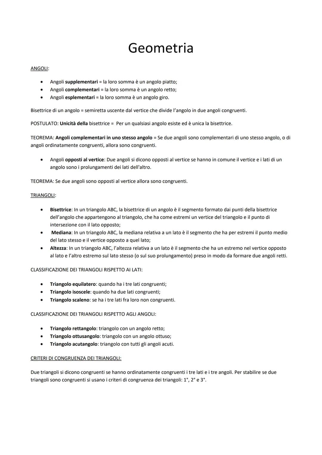 ANGOLI:
●
Angoli supplementari = la loro somma è un angolo piatto;
Angoli complementari = la loro somma è un angolo retto;
Angoli esplementa