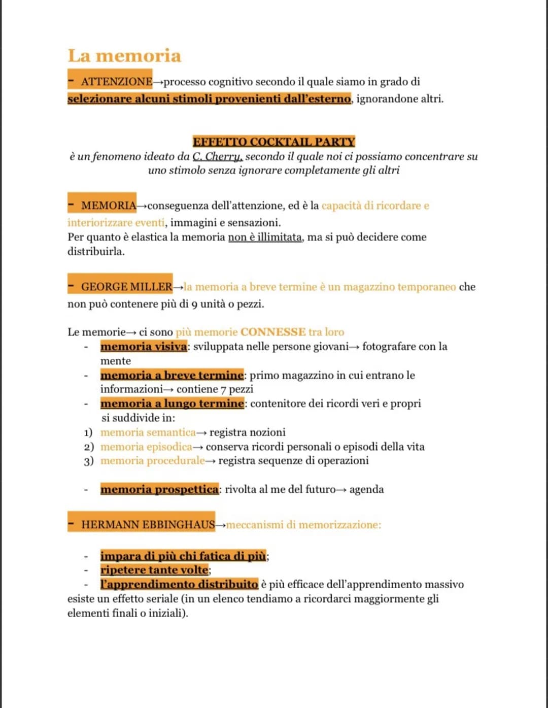 La memoria
ATTENZIONE-processo cognitivo secondo il quale siamo in grado di
selezionare alcuni stimoli provenienti dall'esterno, ignorandone