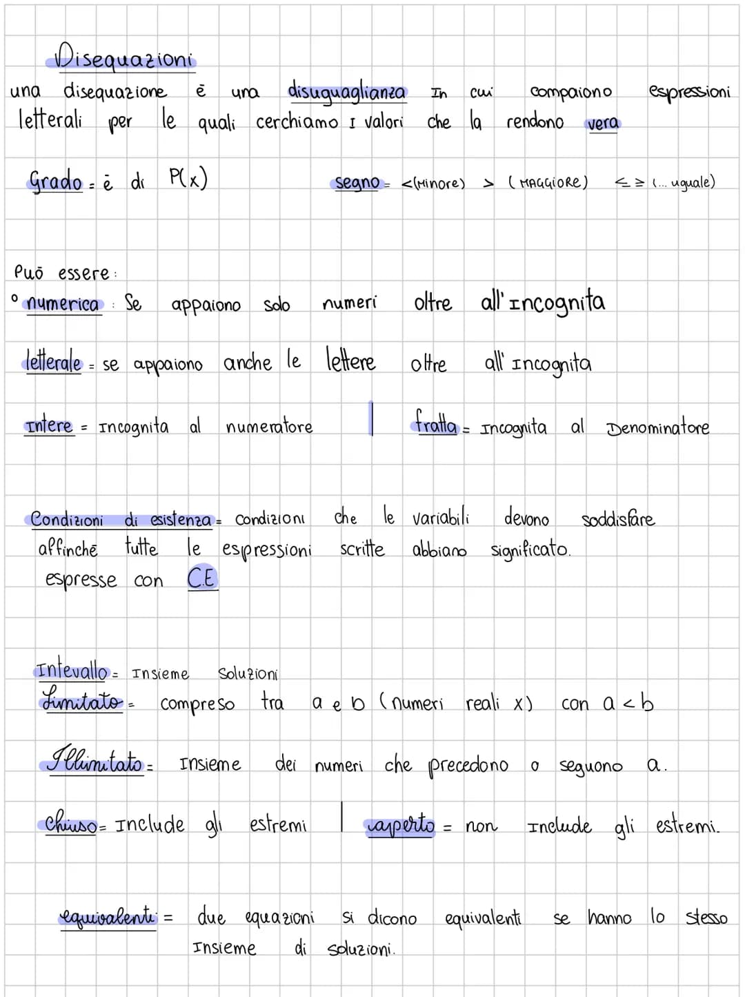 Disequazioni
una disequazione ē una disuguaglianza In
letterali per
Grado è di P(x)
=
Può essere:
O numerica: Se
cui
le quali cerchiamo I va