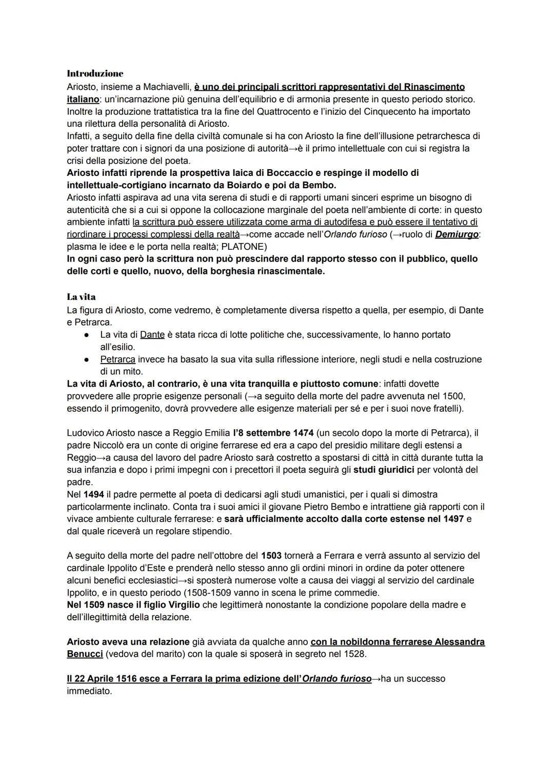 Introduzione
Ariosto, insieme a Machiavelli, è uno dei principali scrittori rappresentativi del Rinascimento
italiano: un'incarnazione più g