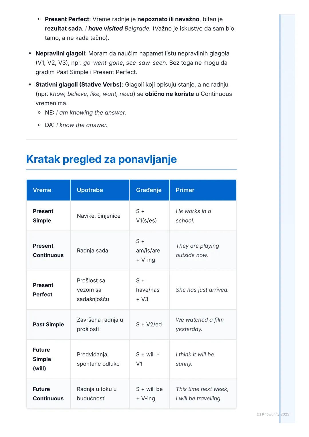 # Vremena (Tenses)

Pregled vremena

Vremena u engleskom jeziku nam pokazuju kada se neka radnja dešava.
Važno je da ih dobro razumem da bih