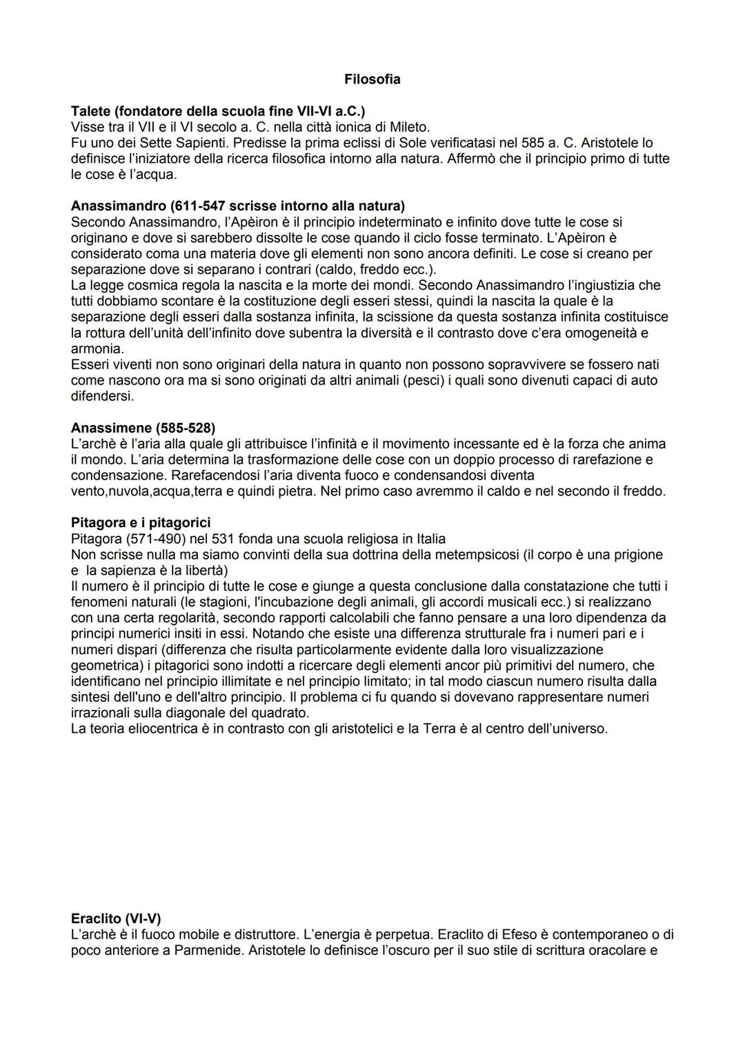 Filosofia
Talete (fondatore della scuola fine VII-VI a.C.)
Visse tra il VII e il VI secolo a. C. nella città ionica di Mileto.
Fu uno dei Se