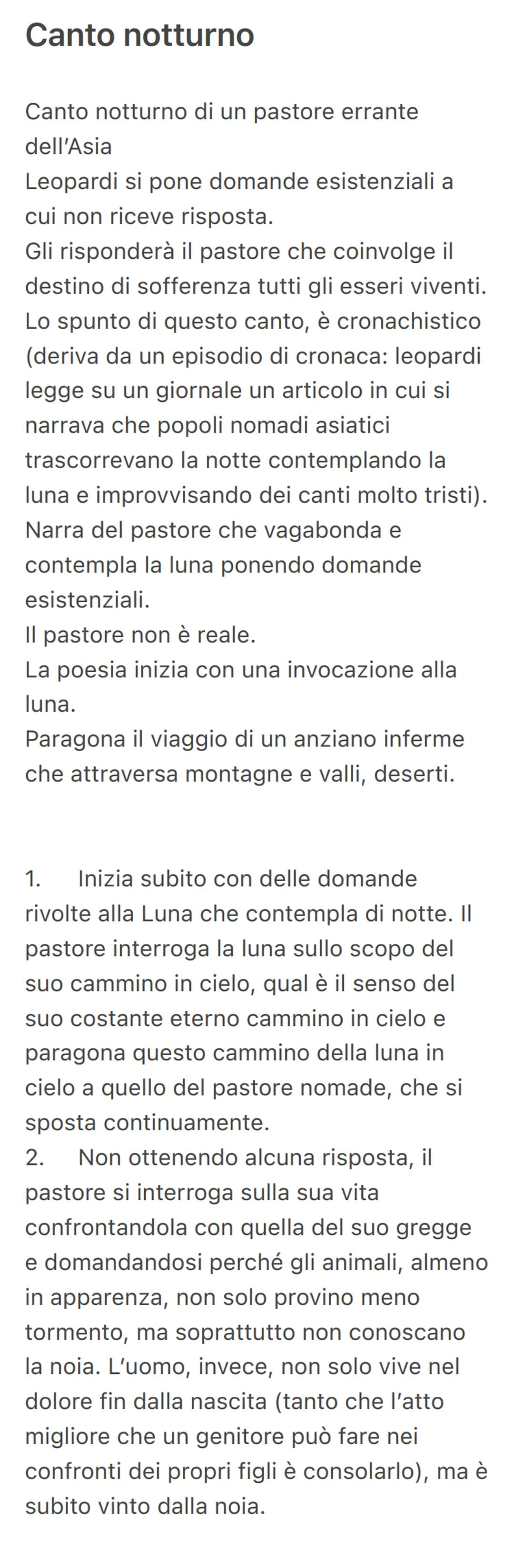 Canto notturno
Canto notturno di un pastore errante
dell'Asia
Leopardi si pone domande esistenziali a
cui non riceve risposta.
Gli risponder