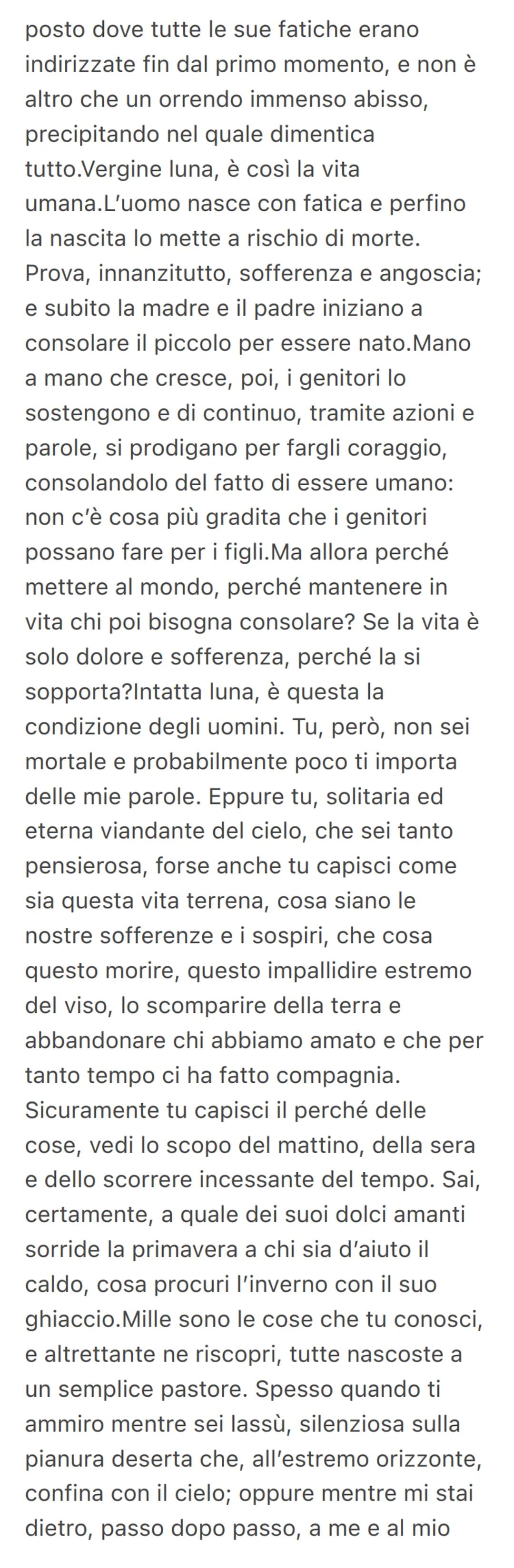 Canto notturno
Canto notturno di un pastore errante
dell'Asia
Leopardi si pone domande esistenziali a
cui non riceve risposta.
Gli risponder