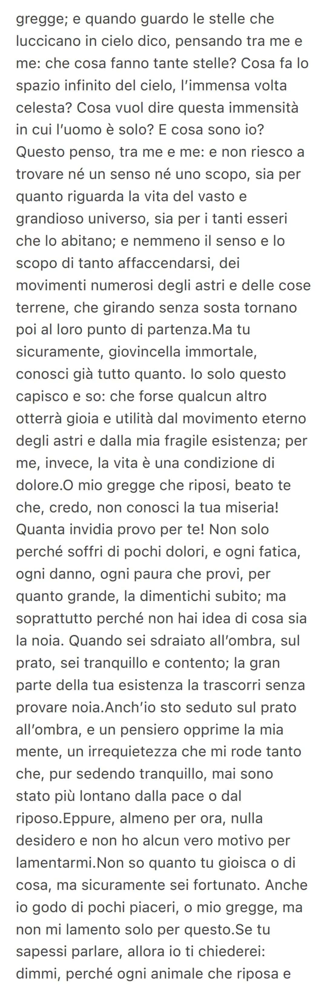 Canto notturno
Canto notturno di un pastore errante
dell'Asia
Leopardi si pone domande esistenziali a
cui non riceve risposta.
Gli risponder