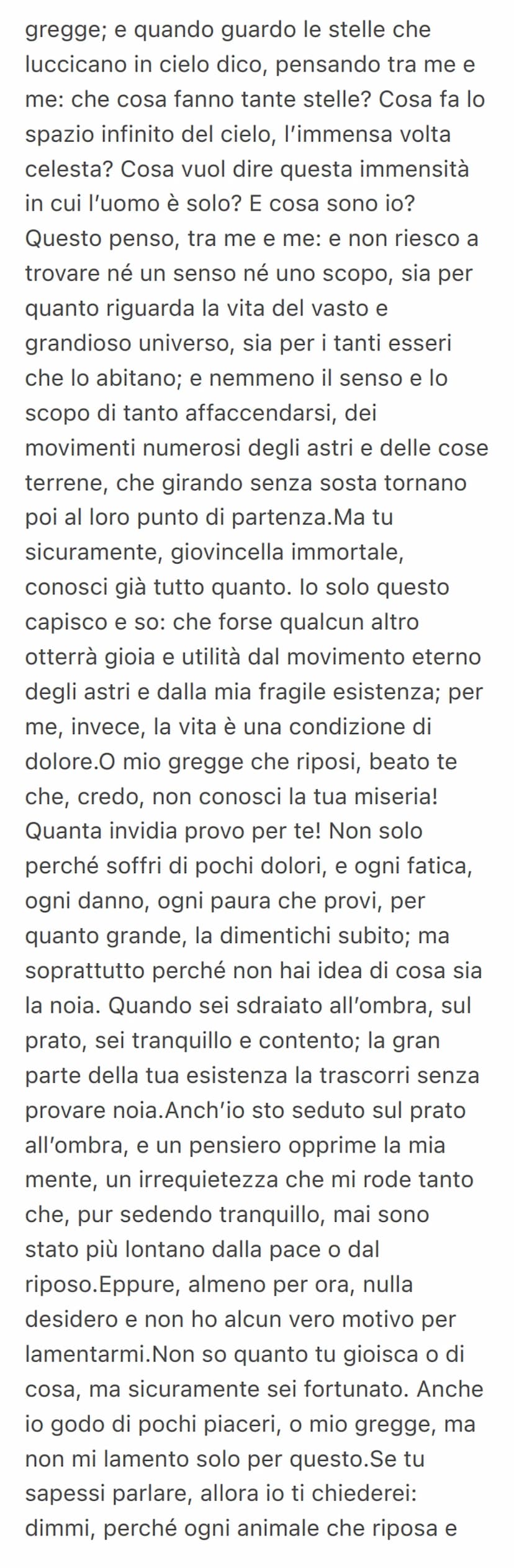 Canto notturno
Canto notturno di un pastore errante
dell'Asia
Leopardi si pone domande esistenziali a
cui non riceve risposta.
Gli risponder