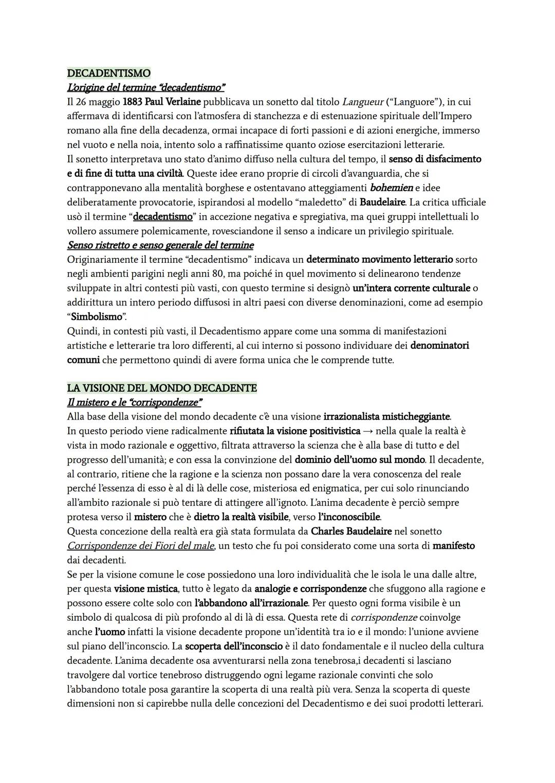 # DECADENTISMO

L'origine del termine "decadentismo"

Il 26 maggio 1883 Paul Verlaine pubblicava un sonetto dal titolo Langueur ("Languore")