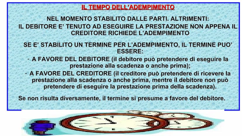 ADEMPIMENTO E
INADEMPIMENTO DELLE
OBBLIGAZIONI
1 L'ADEMPIMENTO E'
L'ESECUZIONE ESATTA
DELLA PRESTAZIONE DA
PARTE DEL DEBITORE.
2 CRITERI PER