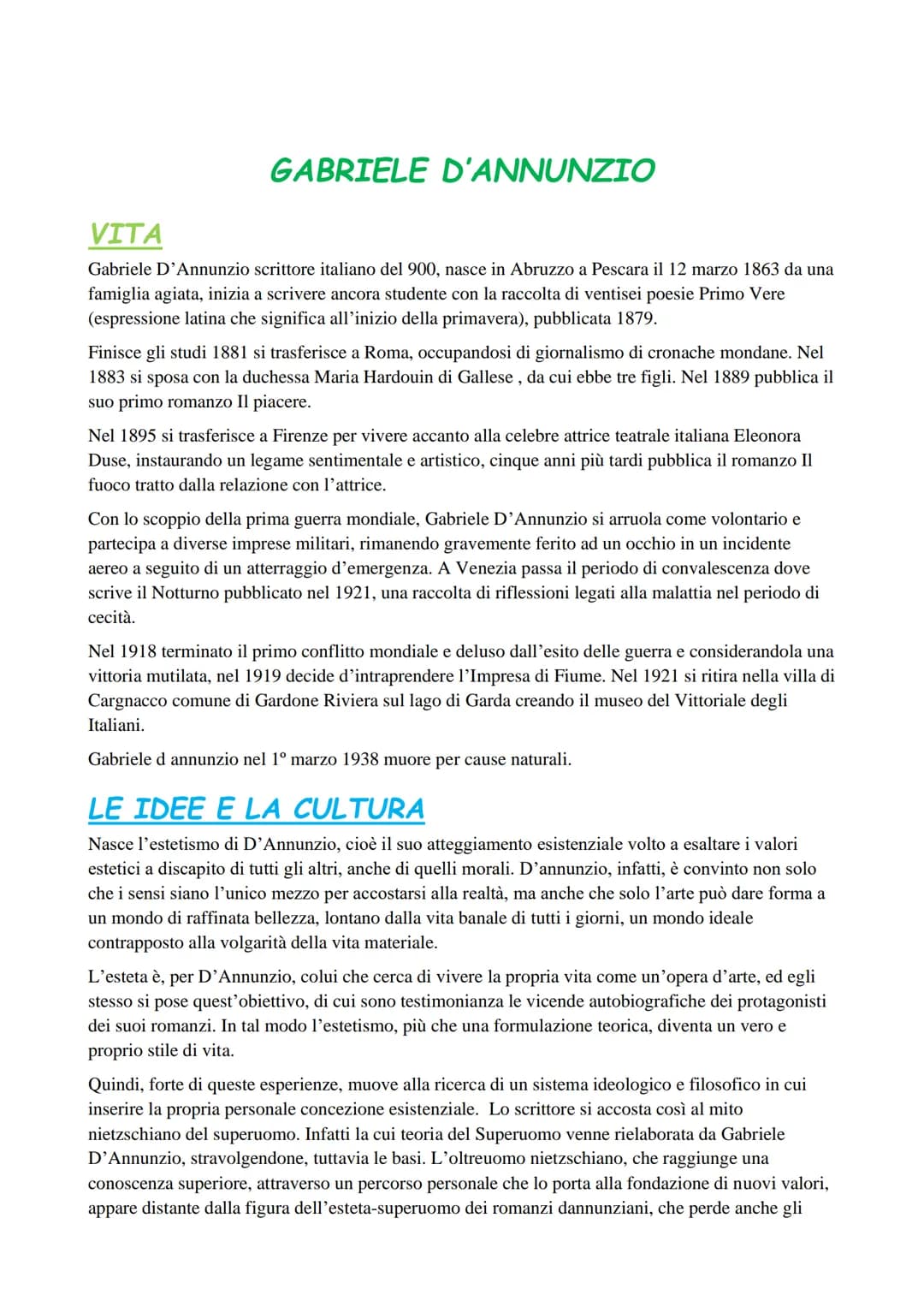 
<h2 id="vita">Vita</h2>
<p>Gabriele D'Annunzio, scrittore italiano del 900, è nato in Abruzzo a Pescara il 12 marzo 1863 da una famiglia ag