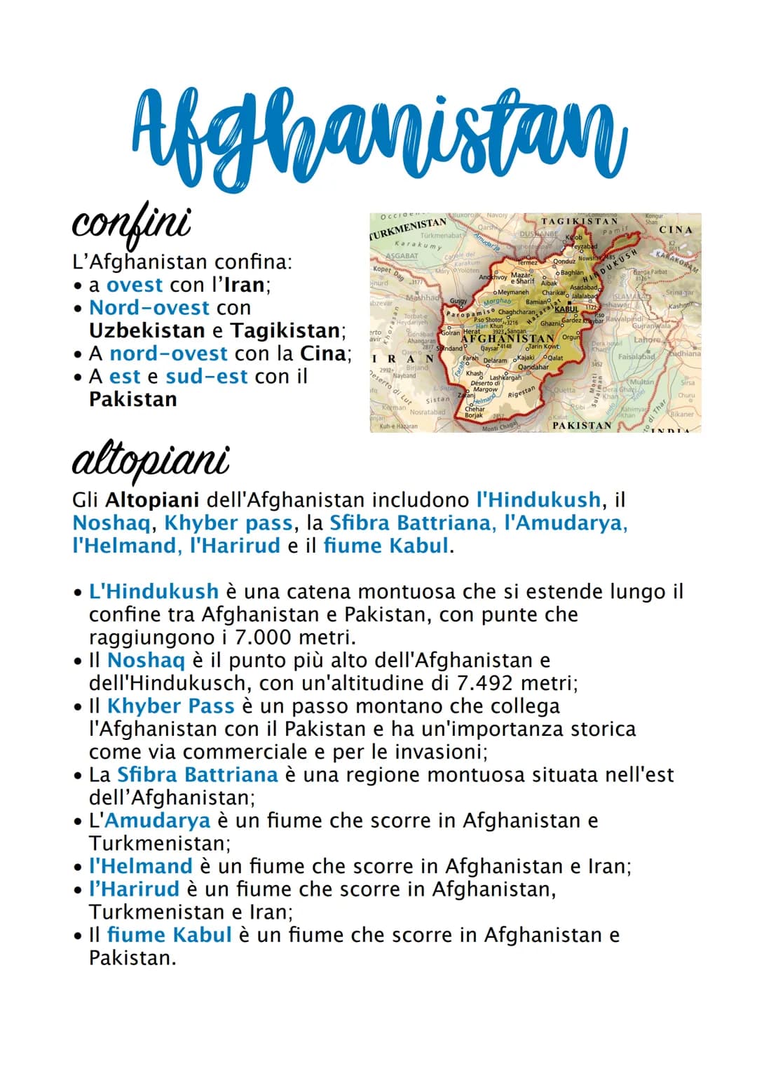 Afghanistan
confini
L'Afghanistan confina:
• a ovest con l'Iran;
• Nord-ovest con
Uzbekistan e Tagikistan;
• A nord-ovest con la Cina;
• A e