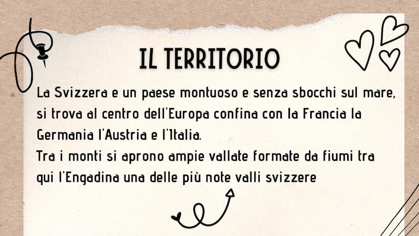 B
\/
LA SVIZZERA
معد
P
La Svizzera
Y ♡♡
IL
TERRITORIO
La Svizzera e un paese montuoso e senza sbocchi sul mare,
si trova al centro dell'Euro