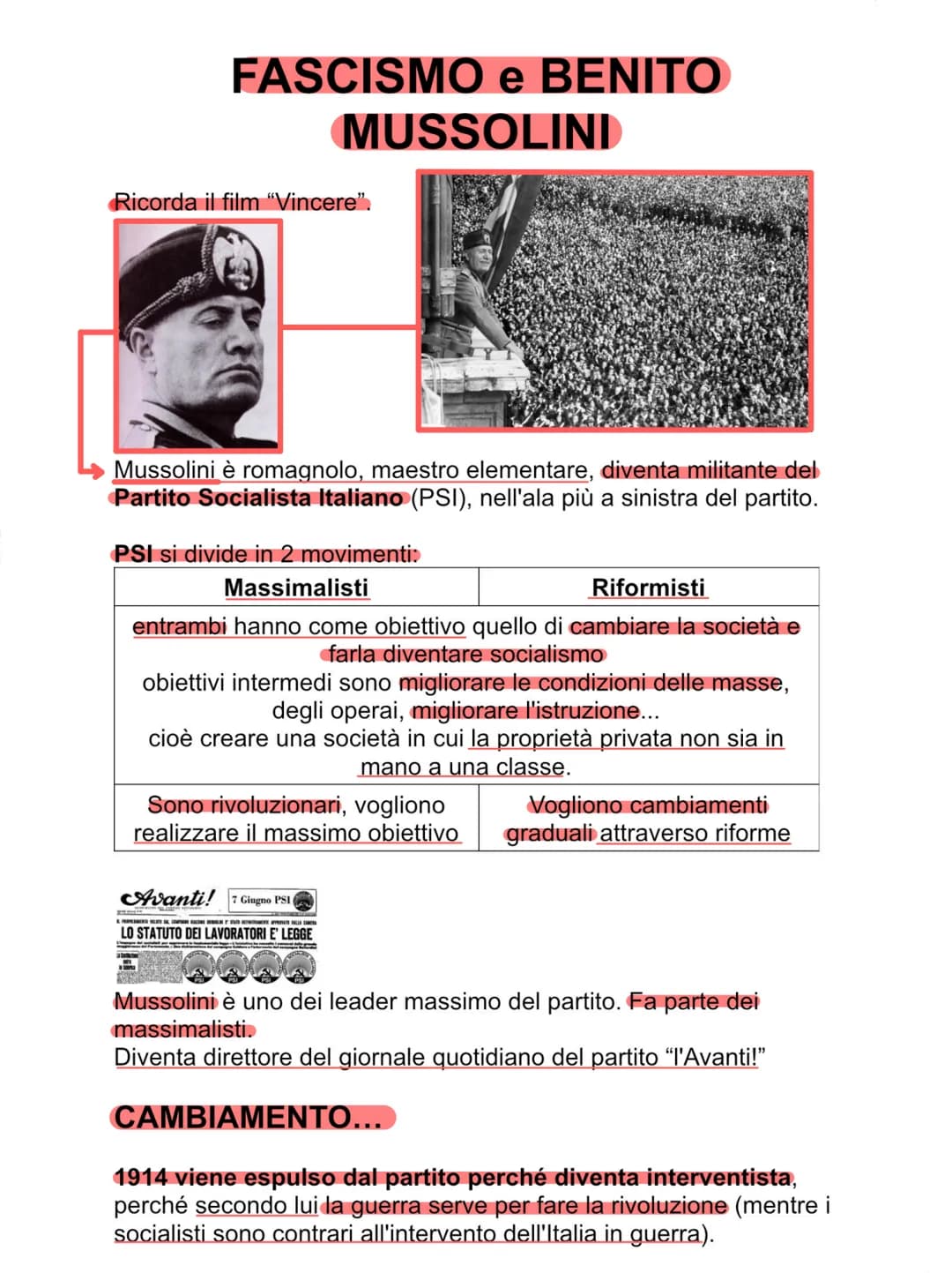 FASCISMO e BENITO
MUSSOLINI
Ricorda il film "Vincere".
Mussolini è romagnolo, maestro elementare, diventa militante del
Partito Socialista I