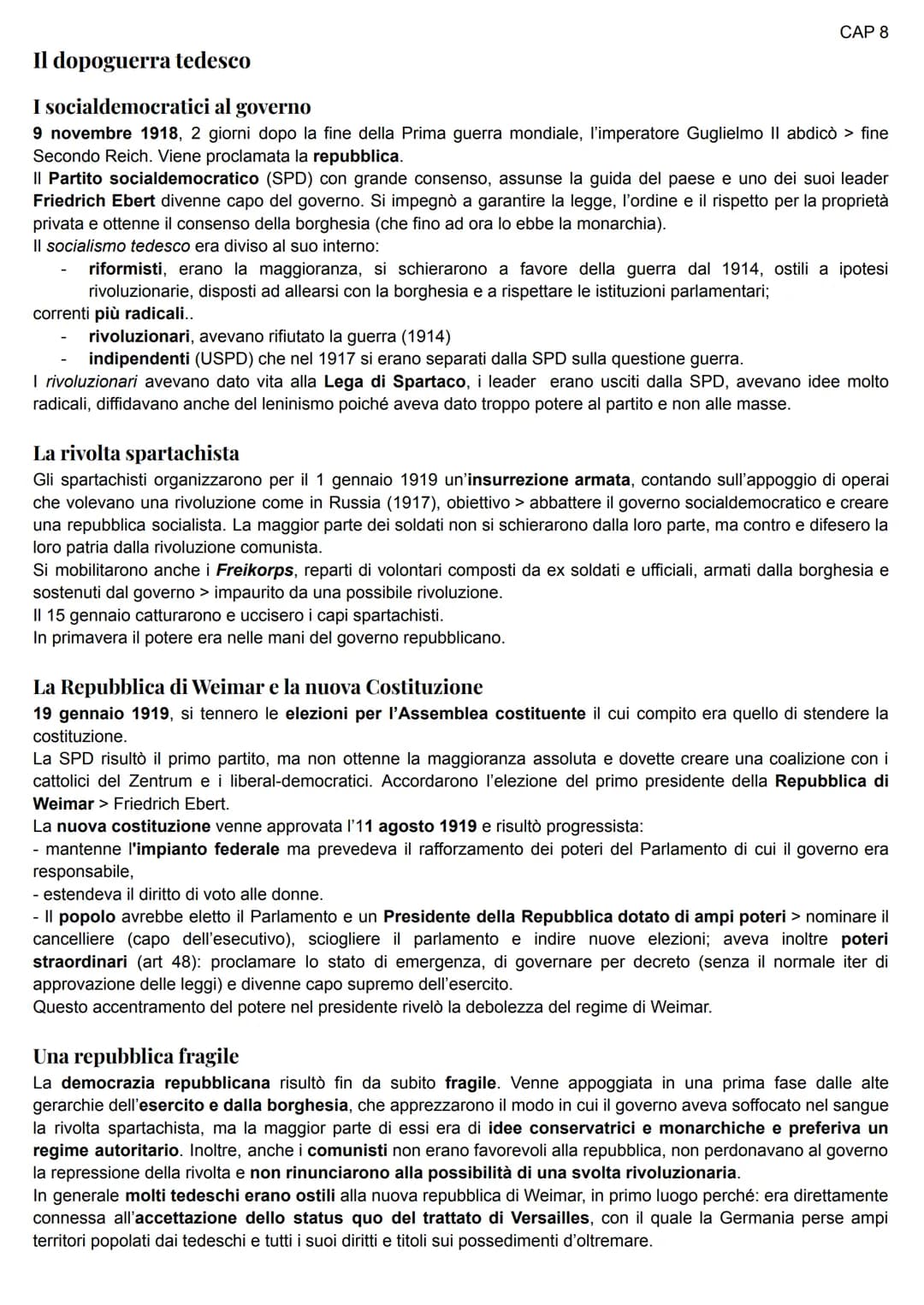 CAP 8
Il dopoguerra tedesco
I socialdemocratici al governo
9 novembre 1918, 2 giorni dopo la fine della Prima guerra mondiale, l'imperatore 