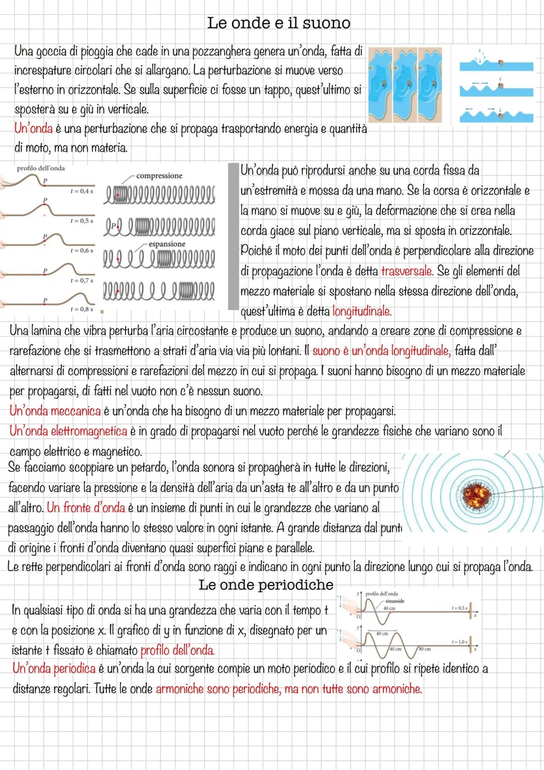 Le onde e il suono
Una goccia di pioggia che cade in una pozzanghera genera un'onda, fatta di
increspature circolari che si allargano. La pe