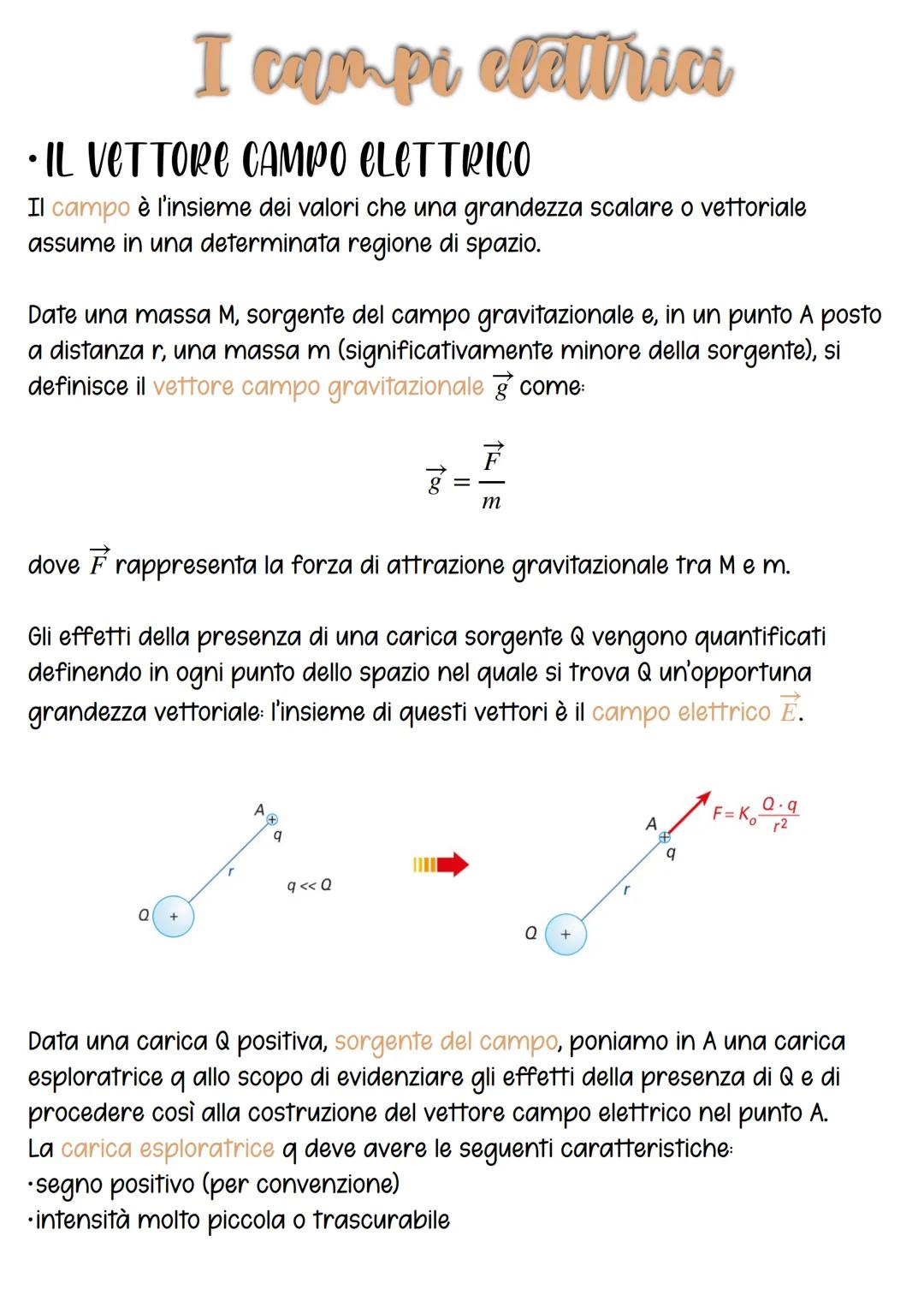 I campi elettrici
•IL VETTORE CAMPO CLETTRICO
Il campo è l'insieme dei valori che una grandezza scalare o vettoriale
assume in una determina