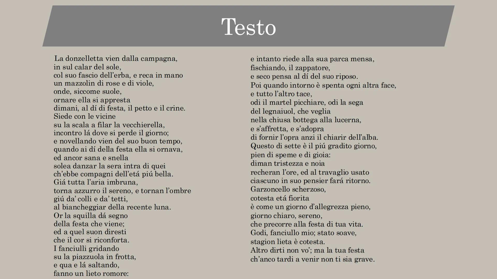 Il Sabato del
villaggio
poesia di Leopardi La donzelletta vien dalla campagna,
in sul calar del sole,
col suo fascio dell'erba, e reca in ma