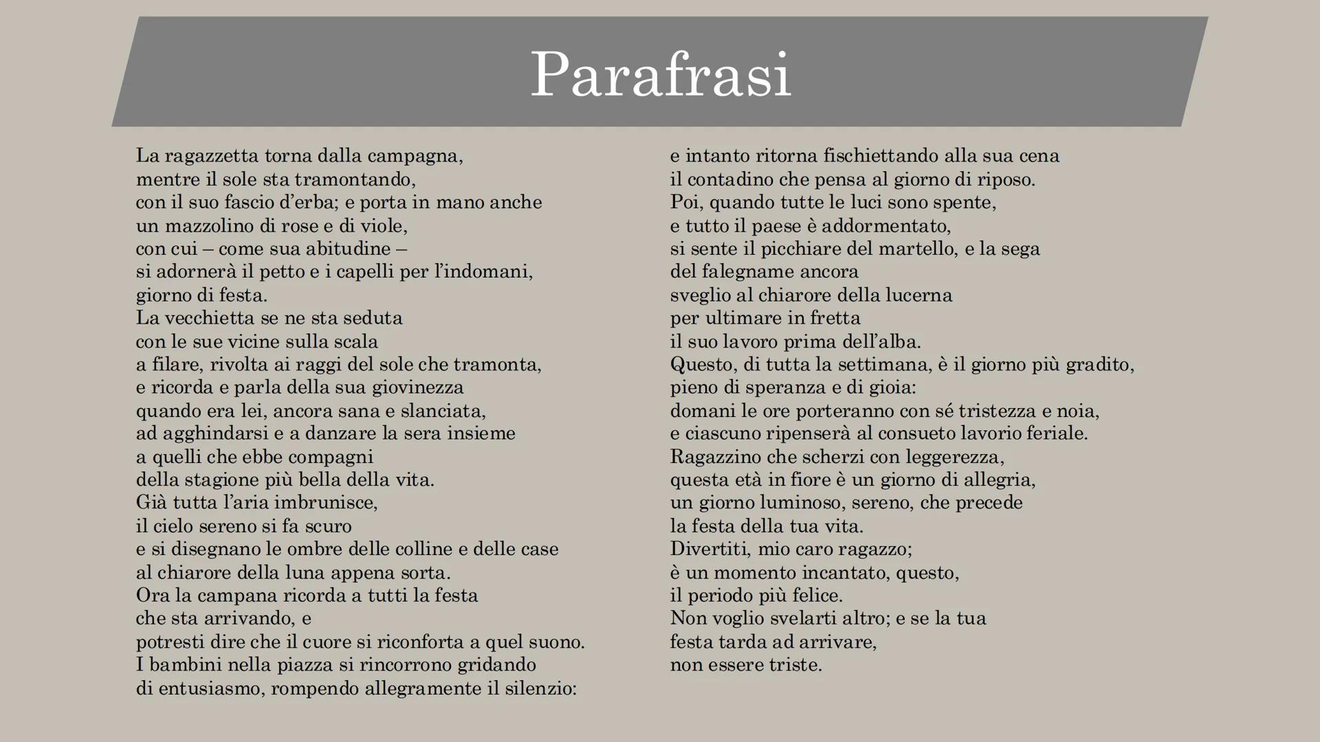 Il Sabato del
villaggio
poesia di Leopardi La donzelletta vien dalla campagna,
in sul calar del sole,
col suo fascio dell'erba, e reca in ma