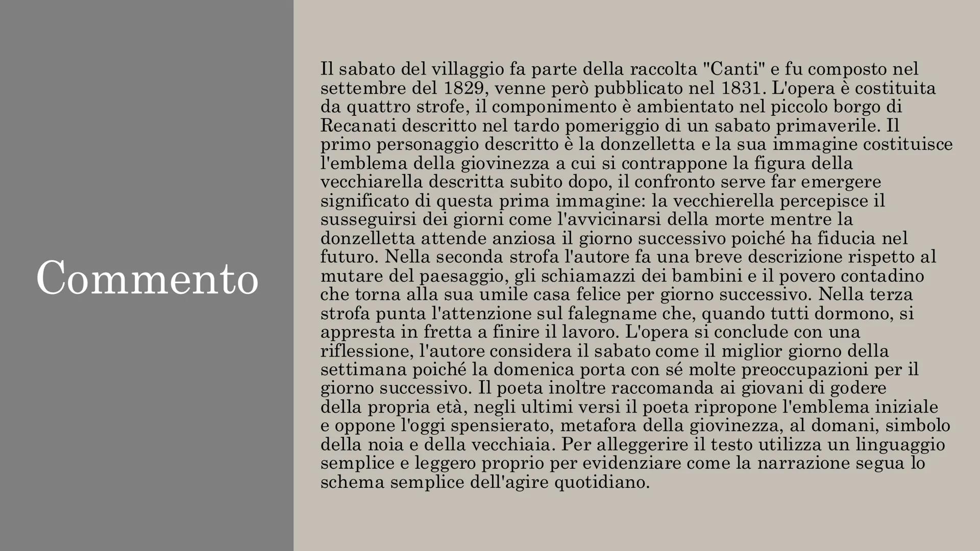 Il Sabato del
villaggio
poesia di Leopardi La donzelletta vien dalla campagna,
in sul calar del sole,
col suo fascio dell'erba, e reca in ma