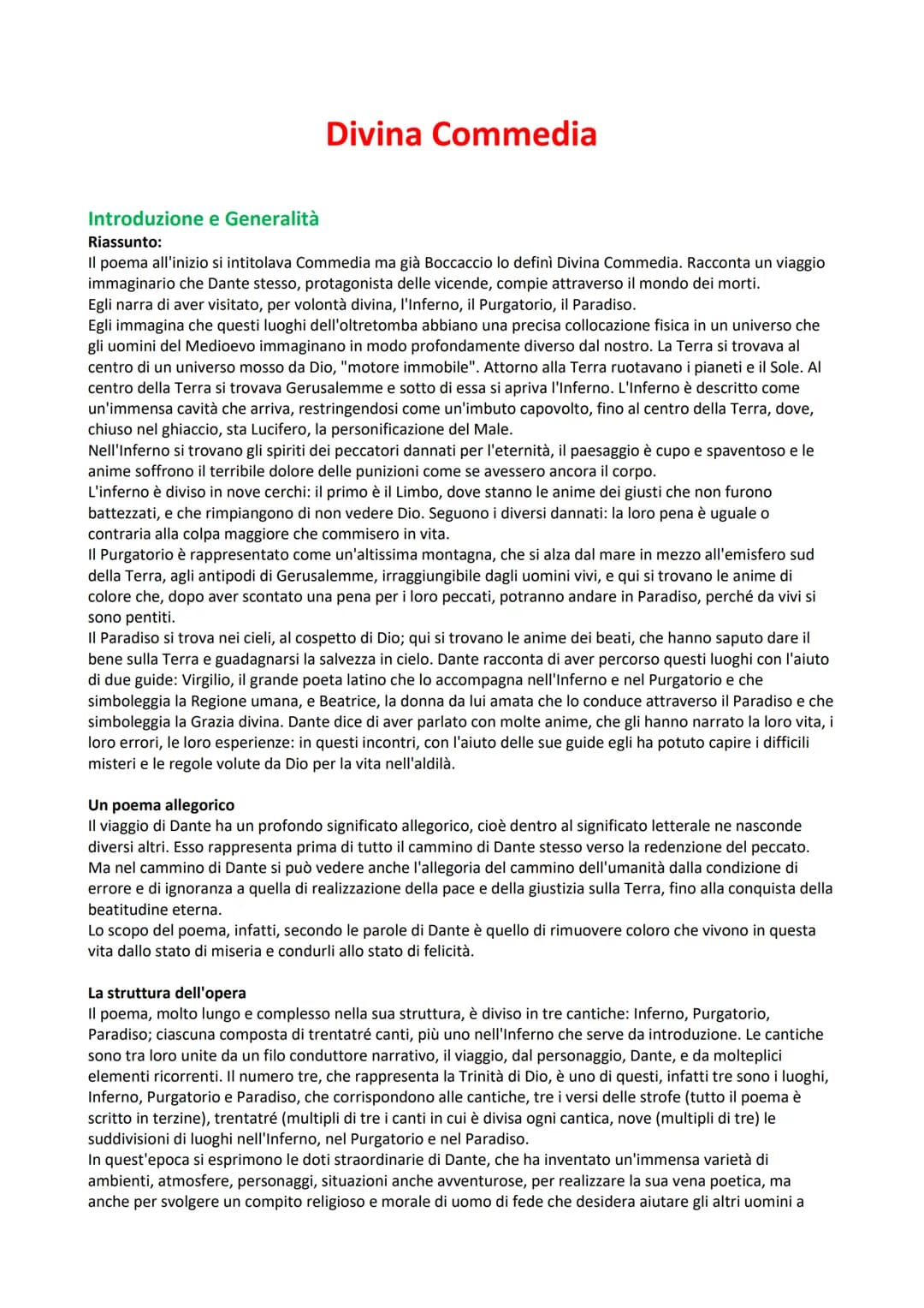 Divina Commedia
Introduzione e Generalità
Riassunto:
Il poema all'inizio si intitolava Commedia ma già Boccaccio lo definì Divina Commedia. 