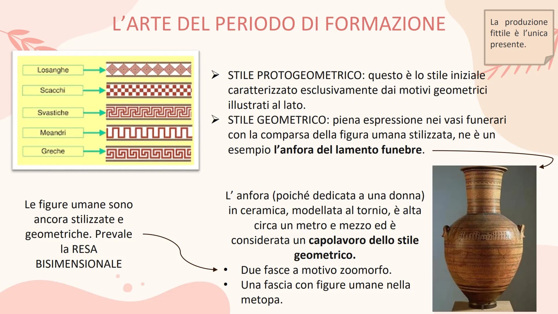 L'ARTE GRECA
ED ELLENISTICA
<< Le più alte forme del bello sono
l'ordine e la simmetria e il
definito>>.
Aristotele, Metafisica Ms
Stile
geo