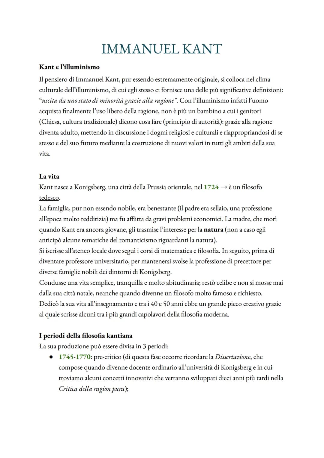 IMMANUEL KANT
Kant e l'illuminismo
Il pensiero di Immanuel Kant, pur essendo estremamente originale, si colloca nel clima
culturale dell'ill
