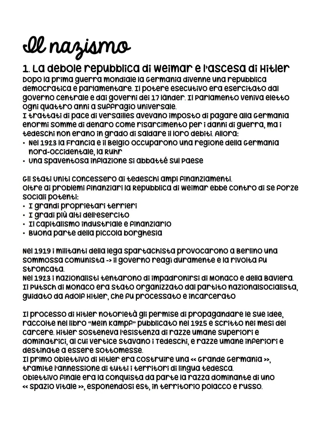 Il nazismo
1. La debole repubblica di weimar e l'ascesa di Hitler
Dopo la prima guerra mondiale la Germania divenne una repubblica
democrati