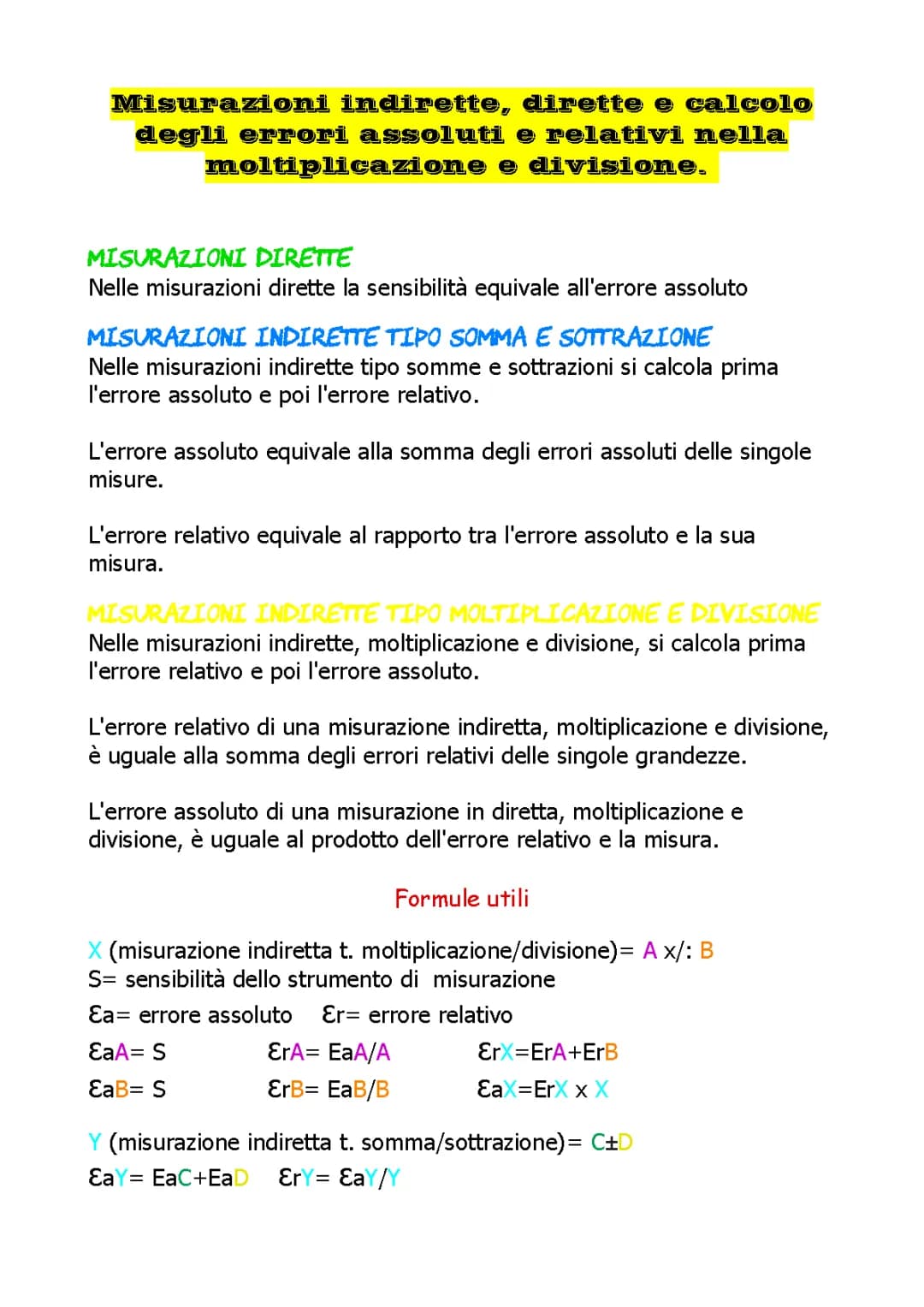 Esempi di Misure Dirette e Indirette, Errori e Propagazione degli Errori