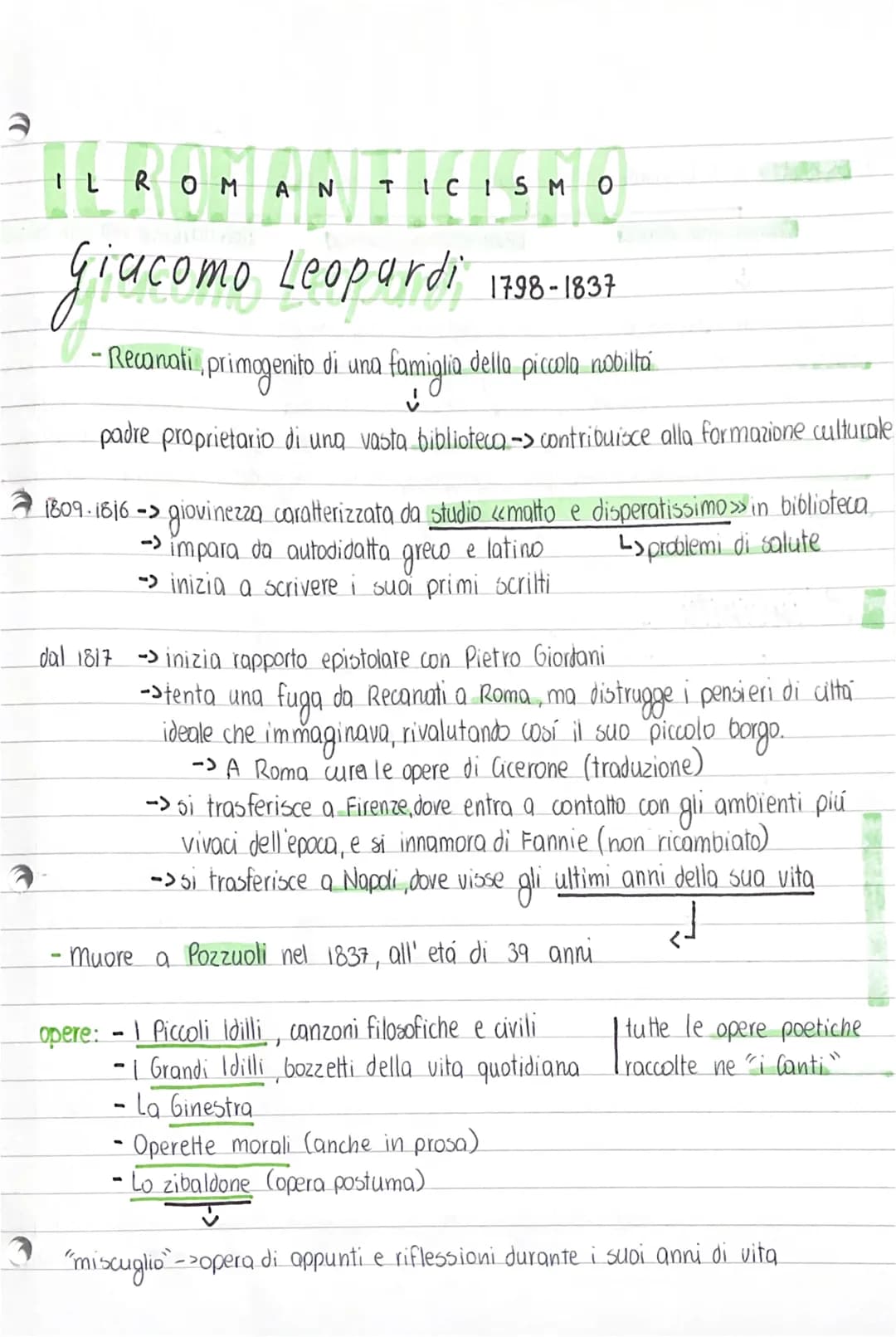 
<p>Giacomo Leopardi: Vita e Opere</p>
<p>Giacomo Leopardi nacque nel 1798 a Recanati, primogenito di una famiglia della piccola nobiltà, il