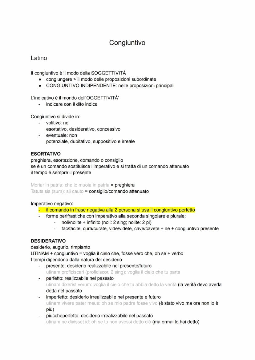 Latino
Congiuntivo
Il congiuntivo è il modo della SOGGETTIVITÀ
• congiungere il modo delle proposizioni subordinate
CONGIUNTIVO INDIPENDENTE