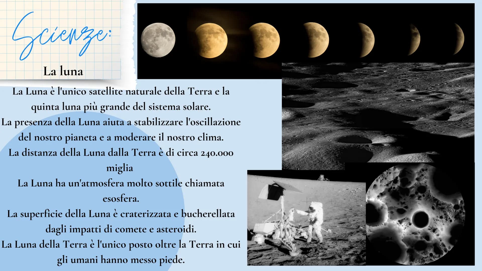 LA
Ta luna
LUNA I
Storia
"Corsa allo
spazio"
"Ed. Fisica
"Allenamenti
astronauti"
Scienze
"La luna"
"Geografia Taglese
"Human
computer"
Ital