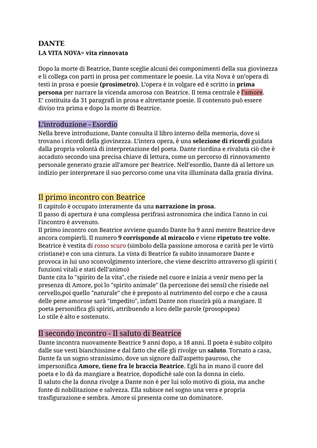DANTE
LA VITA NOVA= vita rinnovata
Dopo la morte di Beatrice, Dante sceglie alcuni dei componimenti della sua giovinezza
e li collega con pa