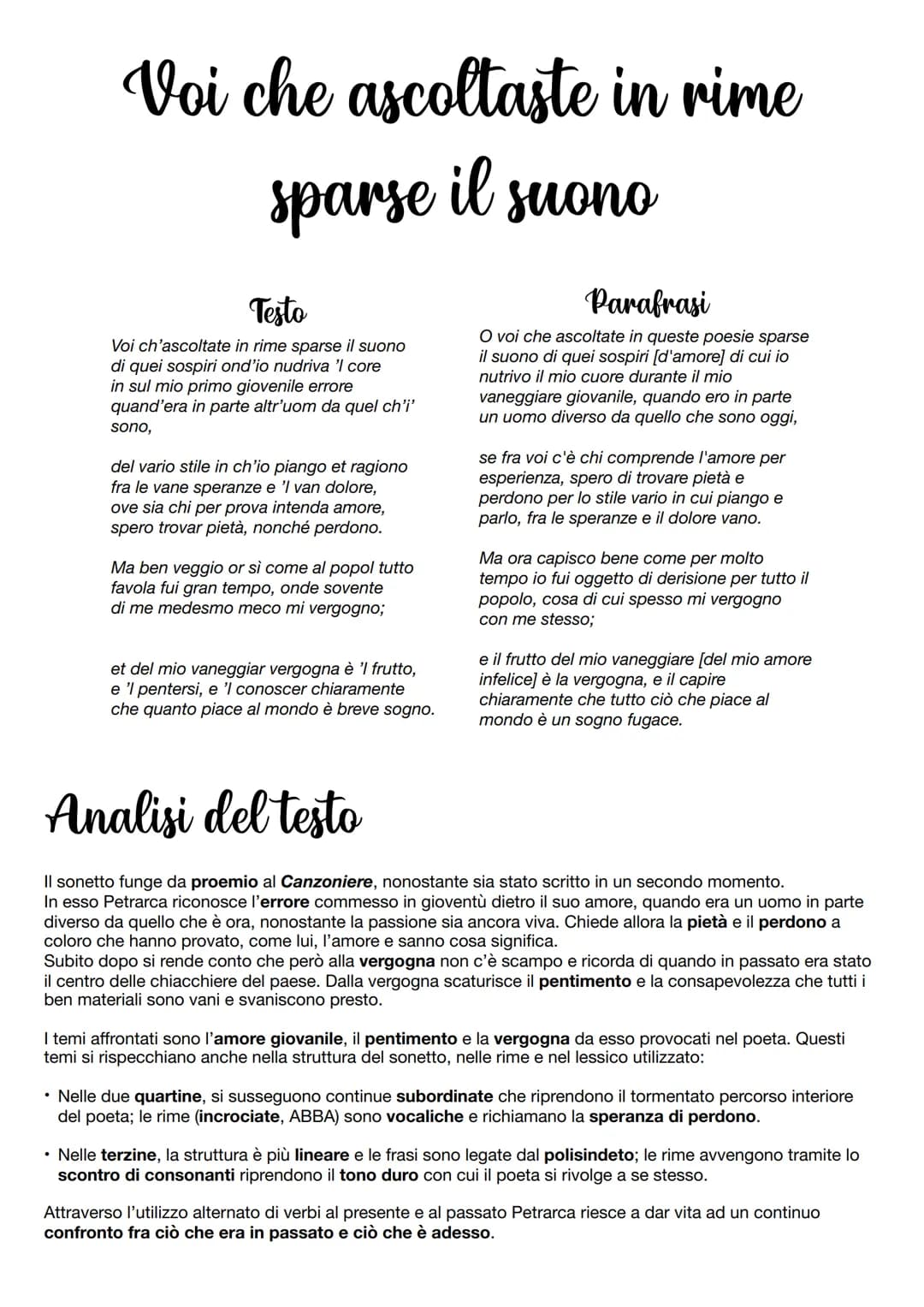 Voi che ascoltaste in rime
sparse il suono
Testo
Voi ch'ascoltate in rime sparse il suono
di quei sospiri ond'io nudriva 'l core
in sul mio 