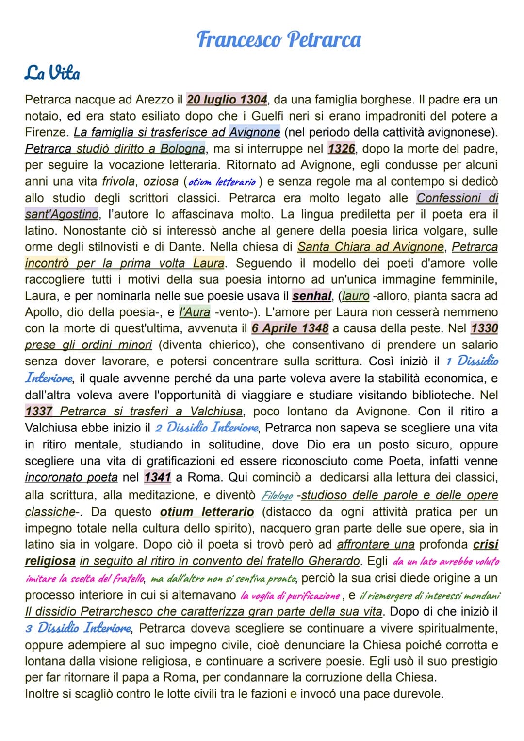 Francesco Petrarca
La Vita
Petrarca nacque ad Arezzo il 20 luglio 1304, da una famiglia borghese. Il padre era un
notaio, ed era stato esili