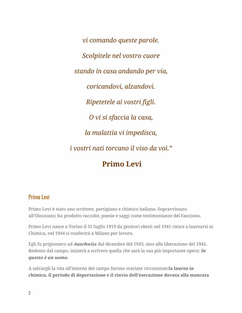 
<h2 id="primolevivitaeopere">Primo Levi vita e opere</h2>
<p>Primo Levi è stato uno scrittore, partigiano e chimico italiano. Nato a Torino