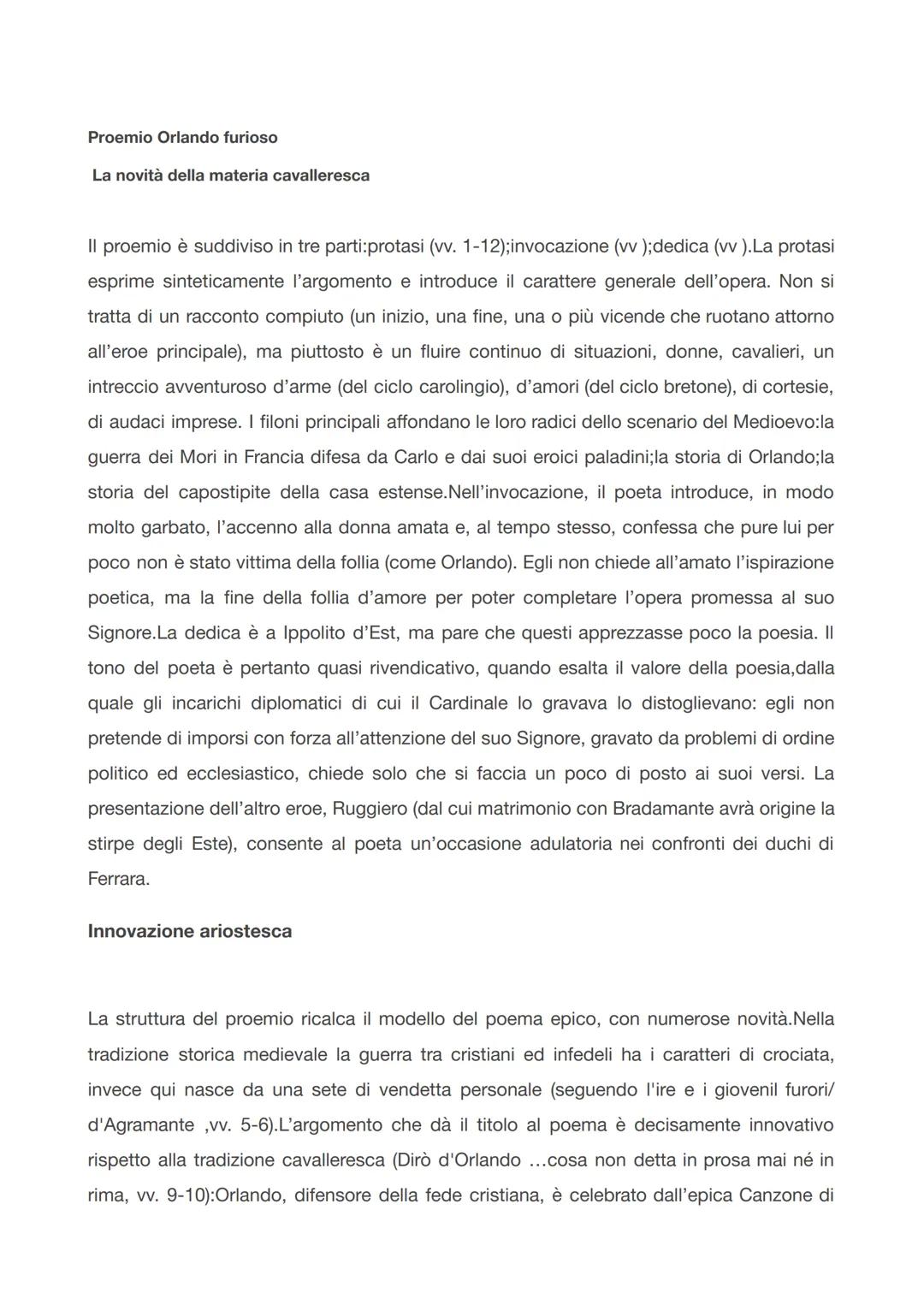 Proemio Orlando furioso
La novità della materia cavalleresca
Il proemio è suddiviso in tre parti:protasi (vv. 1-12);invocazione (vv); dedica