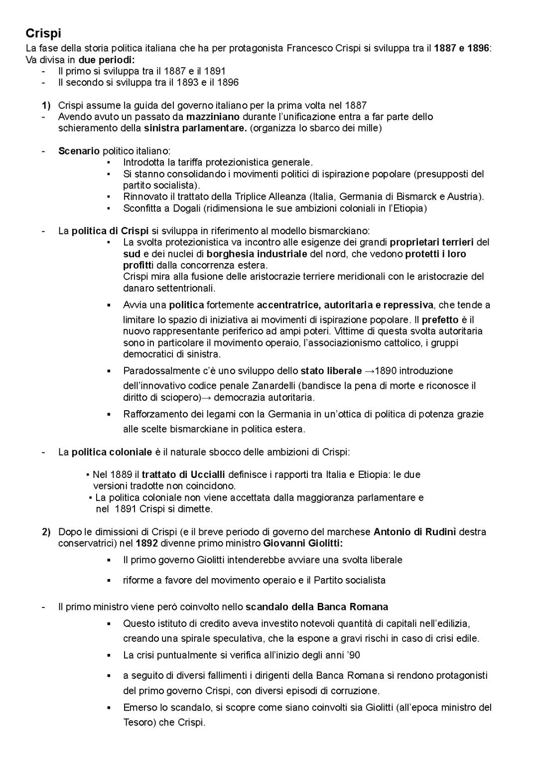 I governi Crispi e Giolitti + cause 1° guerra mondiale 