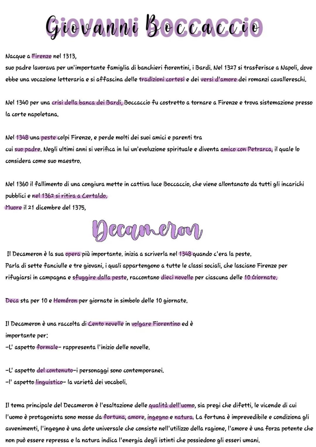 # GIOVANNI BOCCACCIO

Nacque a Firenze nel 1313,
suo padre lavorava per un'importante famiglia di banchieri fiorentini, i Bardi. Nel 1327 si