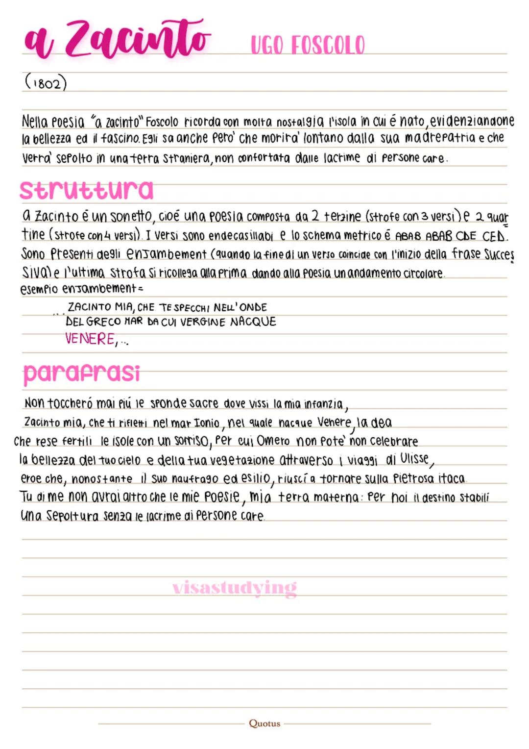a Zacinto UGO FOSCOLO
(1802)
Nella poesia "a zacinto" Foscolo ricorda con molta nostalgia l'isola in cui é nato, evidenziandone
la bellezza 
