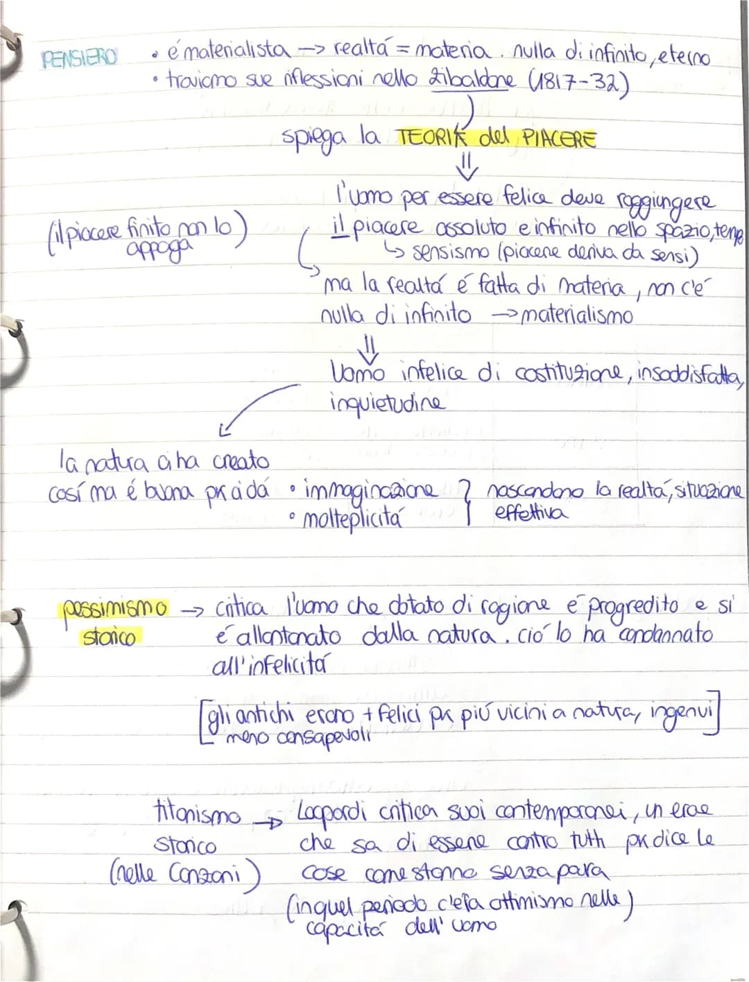 PENSIERO
O
é materialista -> realta = materia nulla di infinito, eterno
• troviamo sue riflessioni nello Zibaldone (1817-32)
spiega la TEORI