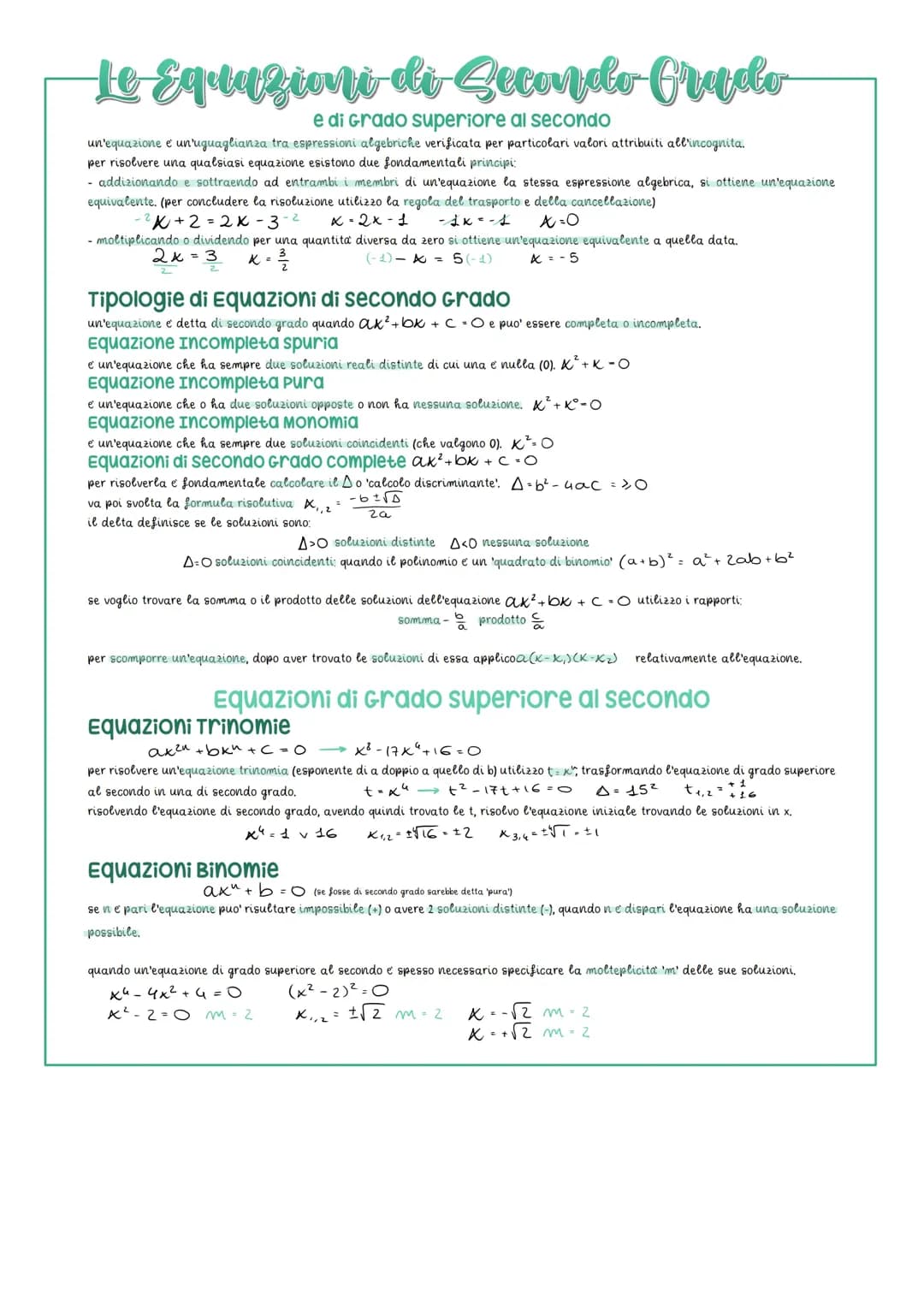 Le Equazioni di Secondo Grado (superiori al secondo e fatte) e i Sistemi 