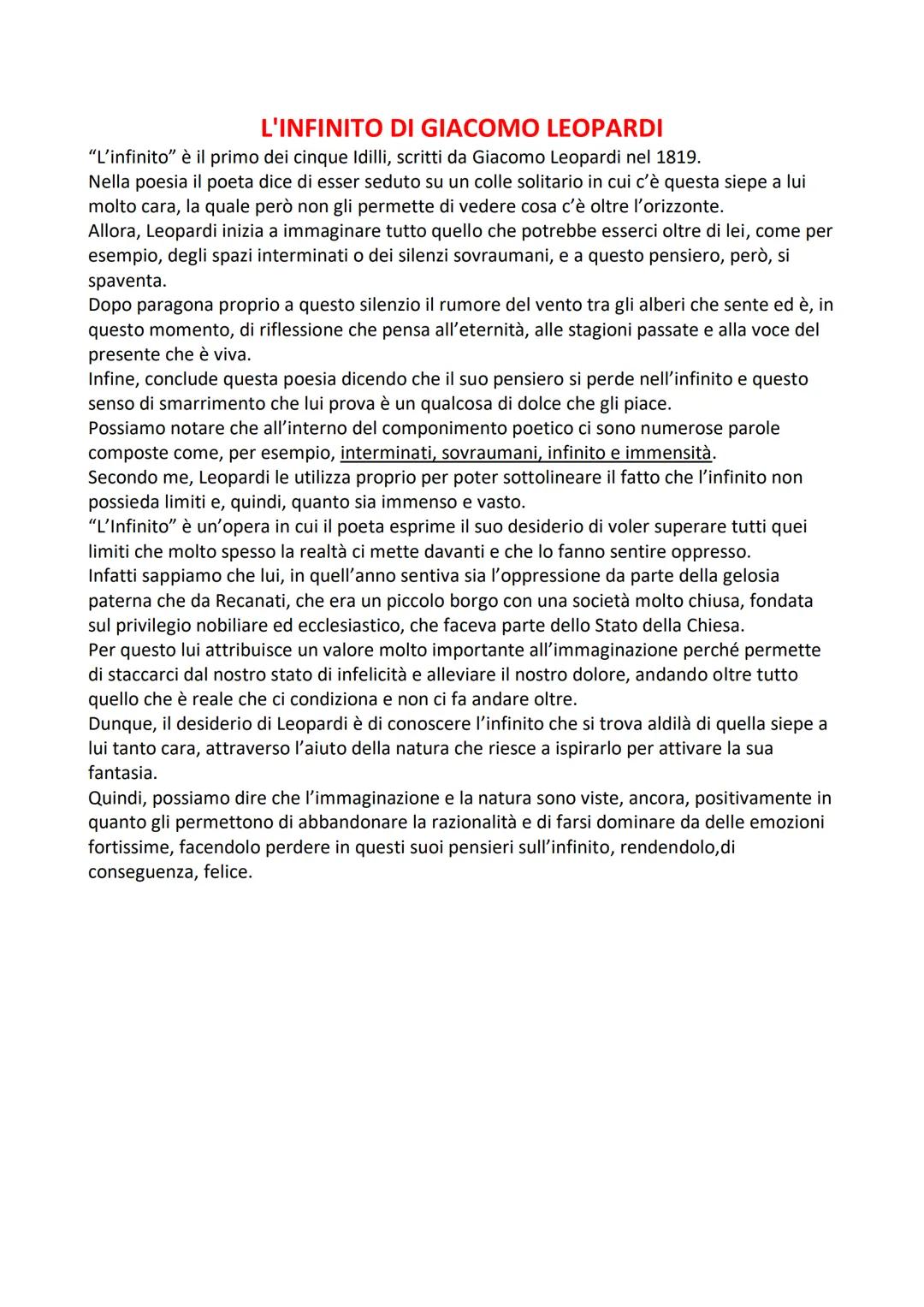 L'INFINITO DI GIACOMO LEOPARDI
"L'infinito" è il primo dei cinque Idilli, scritti da Giacomo Leopardi nel 1819.
Nella poesia il poeta dice d