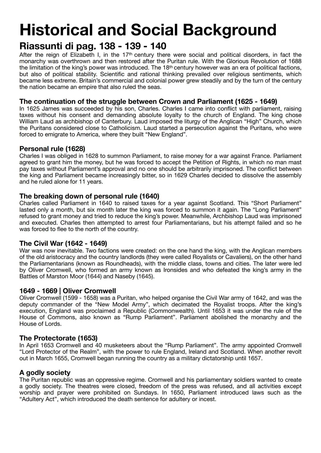 Historical and Social Background
Riassunti di pag. 138 139 - 140
After the reign of Elizabeth I, in the 17th century there were social and p